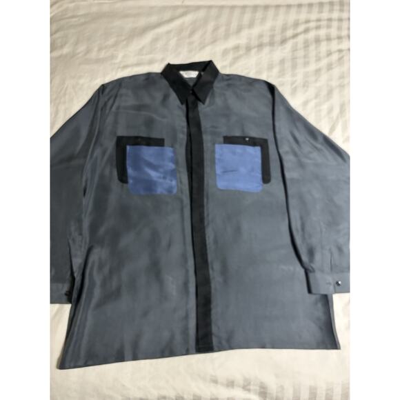 VINTAGE MENS GENELLI Blue Gray SILK SHIRT 100% Silk XL - Picture 2 of 9
